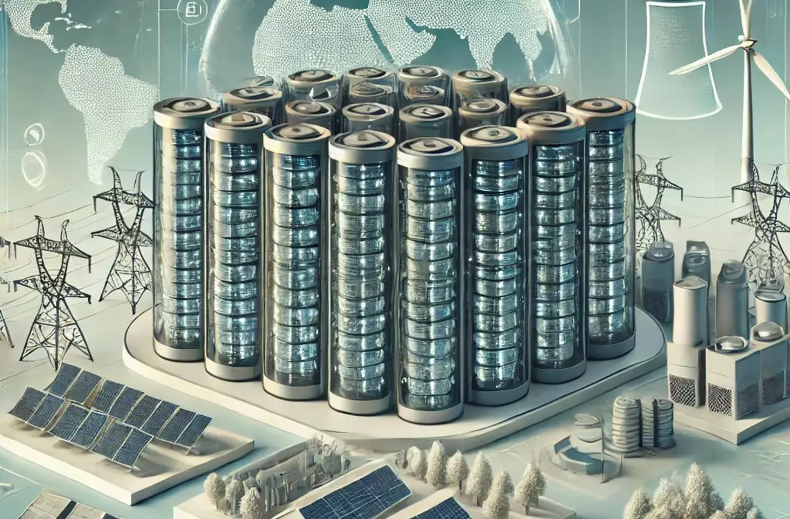 un data center en gros plan avec à côté différentes sources de production d'électricité
