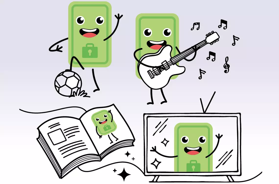 Une mascotte en forme de smartphone faisant plusieurs activités (sports, musique, télévision)