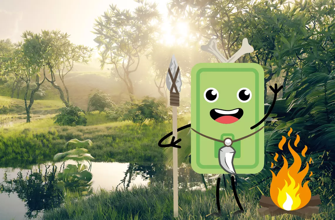 Paysage avec une mascotte en forme de smartphone devant un feu en premier plan