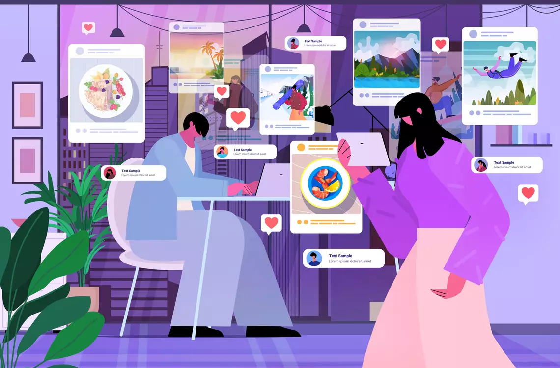 Illustration de deux jeunes étant en train naviguer sur internet