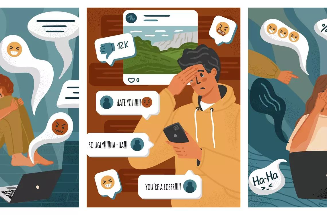 3 jeunes qui reçoivent des messages haineux via smartphone et ordinateur