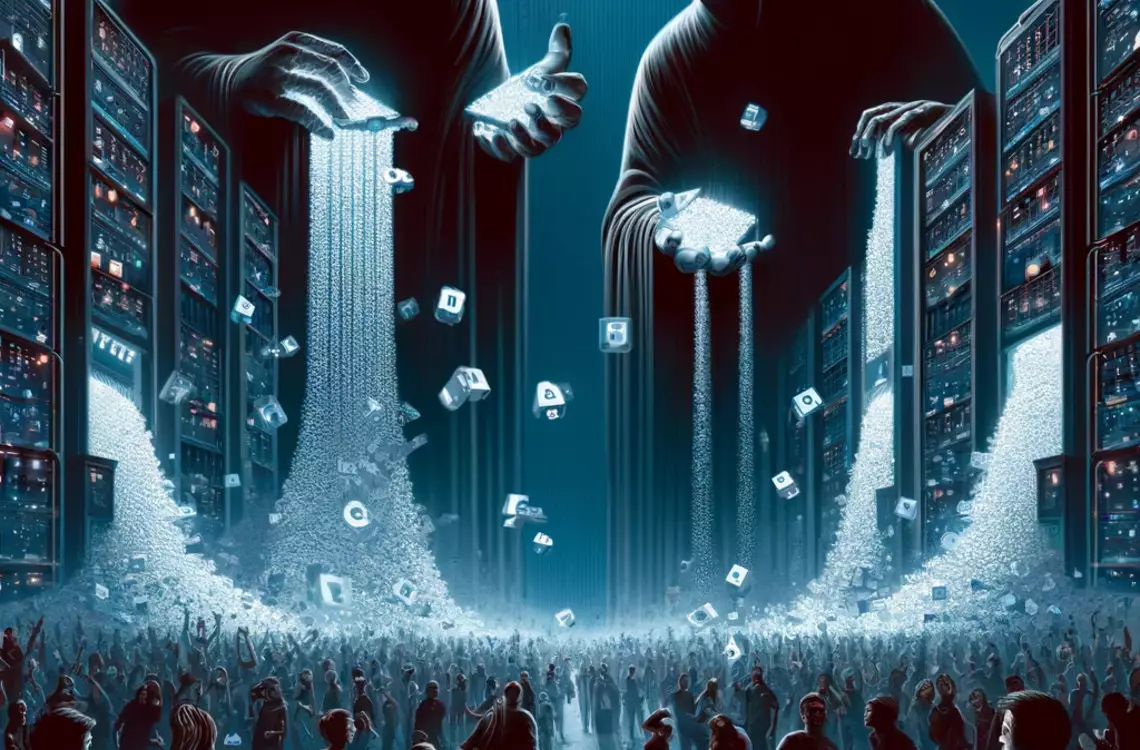 Deux personnages sombres qui aspirent les données d'une foule de gens en train de surfer sur internet