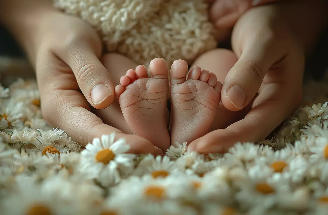 Des petits pieds de bébé posé sur des pâquerettes avec des mains de femme les entourant