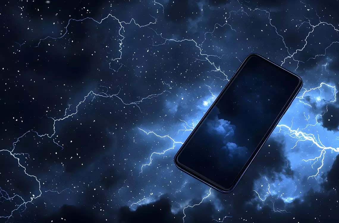 Un smartphone dans les airs avec des éclairs tout autour