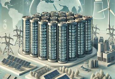 un data center en gros plan avec à côté différentes sources de production d'électricité