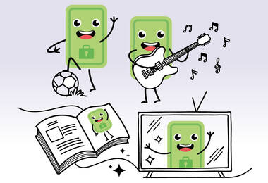 Une mascotte en forme de smartphone faisant plusieurs activités (sports, musique, télévision)