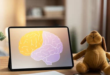Un cerveau avec le cortex préfrontal coloré sur une tablette