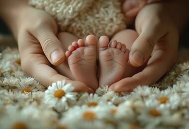Des petits pieds de bébé posé sur des pâquerettes avec des mains de femme les entourant