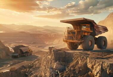 Mine à ciel ouvert avec machines de chantier au premier plan